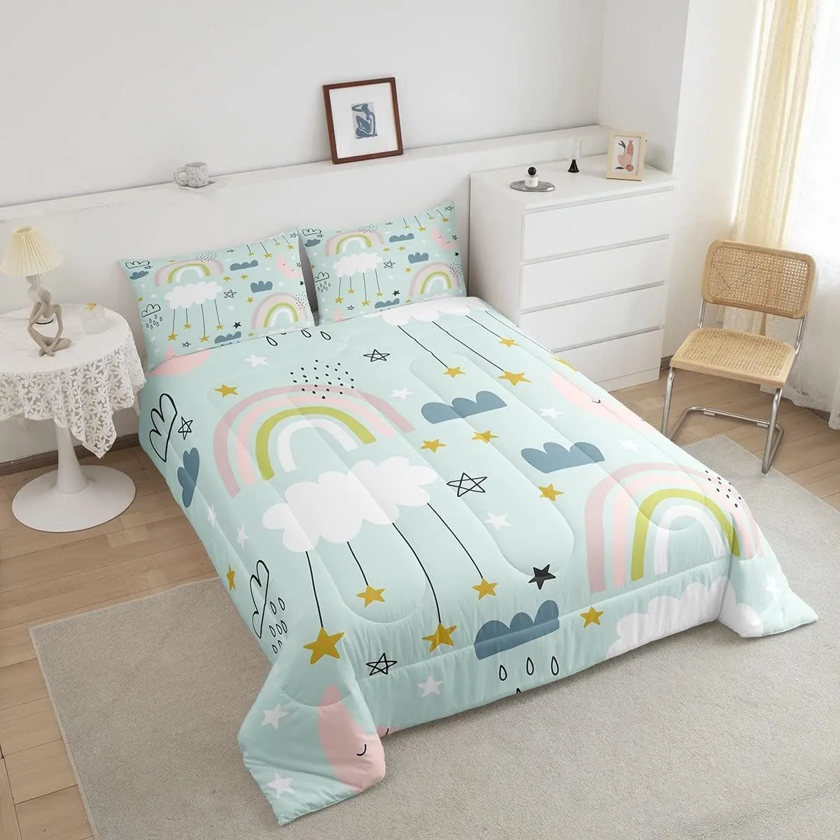 Kids Kawaii Comforter Set For Girls Boys Twin Rainbow Moon Stars Comforter Set Cute Cartoon Cloud Bedding Comforters Scandinavian Style Doodle Quilt Duvet Sets Children Bedroom Decor 1 Pillow Case