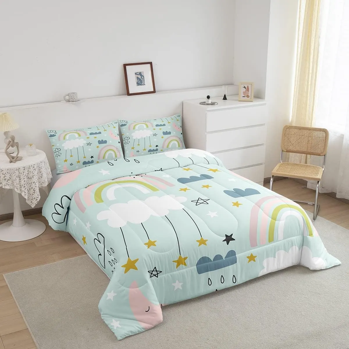 Kids Kawaii Comforter Set For Girls Boys Twin Rainbow Moon Stars Comforter Set Cute Cartoon Cloud Bedding Comforters Scandinavian Style Doodle Quilt Duvet Sets Children Bedroom Decor 1 Pillow Case