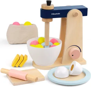 Kids Kitchen Playset, Wooden Toy Mixer with Toy Food, Toddler Baking Set Stand Mixer, Pretend Play Toy Blender for Boys and Girls Ages 3 