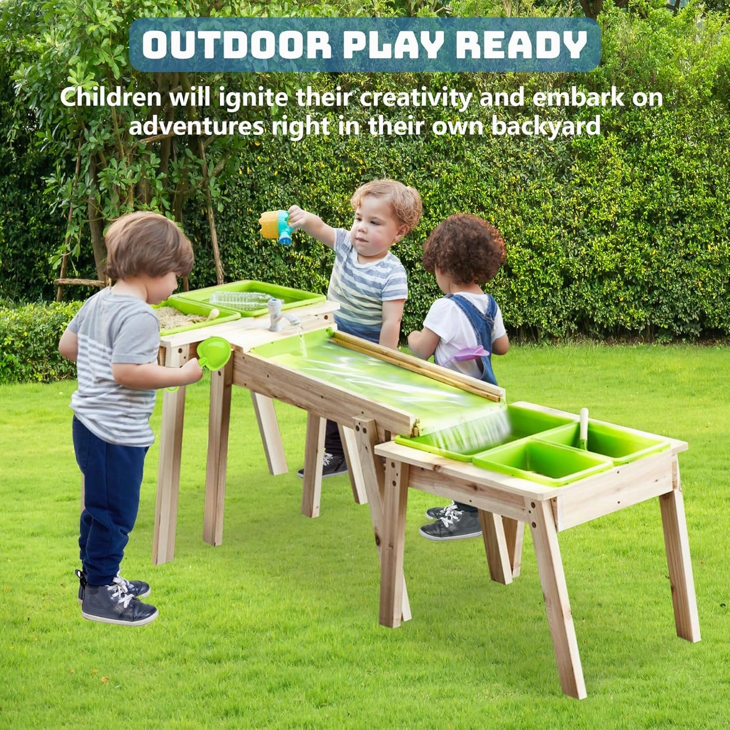 Kids 3 Sets Rushing River Falls Sensory Table, Wood Sand Table Playset for Kids, Outdoor Wooden Toy Play Water Table Set for Boys and Girls, Picnic Table for Outdoor Backyard Splash Table (Black3)