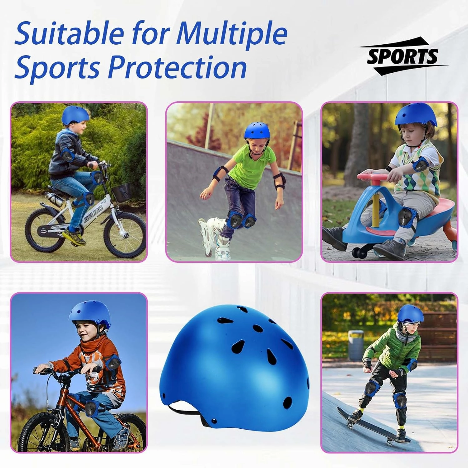 Kids Adjustable Helmet, with Sports Protective Gear Set Knee Elbow Wrist Pads for Toddler Age 3-14 Boys Girls, Bike Skateboard Hoverboard Scooter Rollerblading Helmet Set