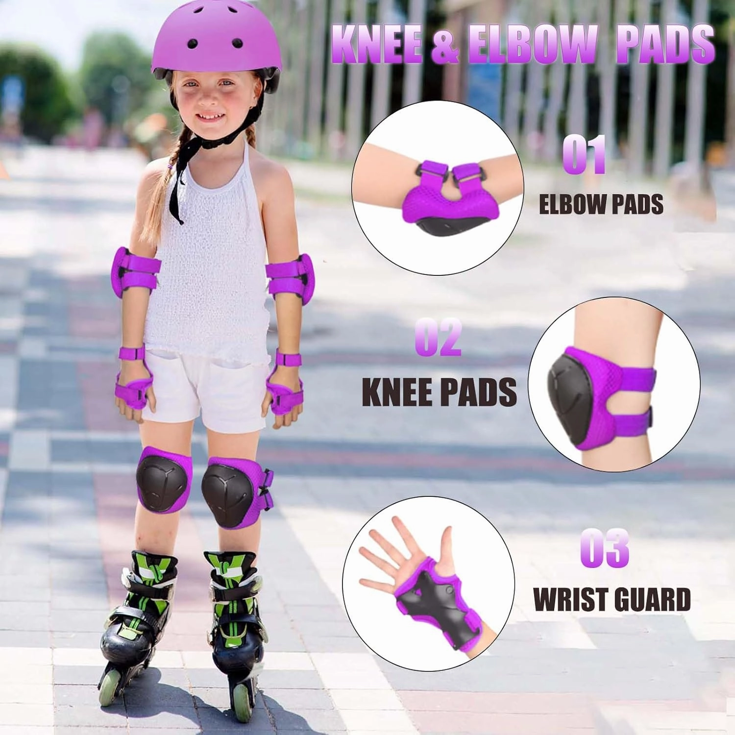 Kids Adjustable Helmet, with Sports Protective Gear Set Knee Elbow Wrist Pads for Toddler Age 3-14 Boys Girls, Bike Skateboard Hoverboard Scooter Rollerblading Helmet Set
