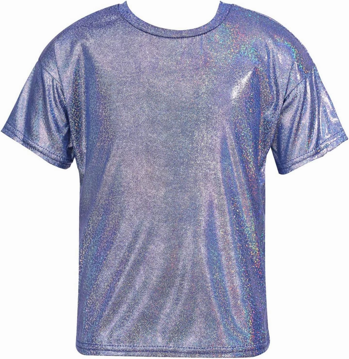 Kids Boys Girls Metallic Shiny T-Shirt Jazz Hip Hop Dance Tops Short Sleeves Loose T-Shirt for Performance Costume