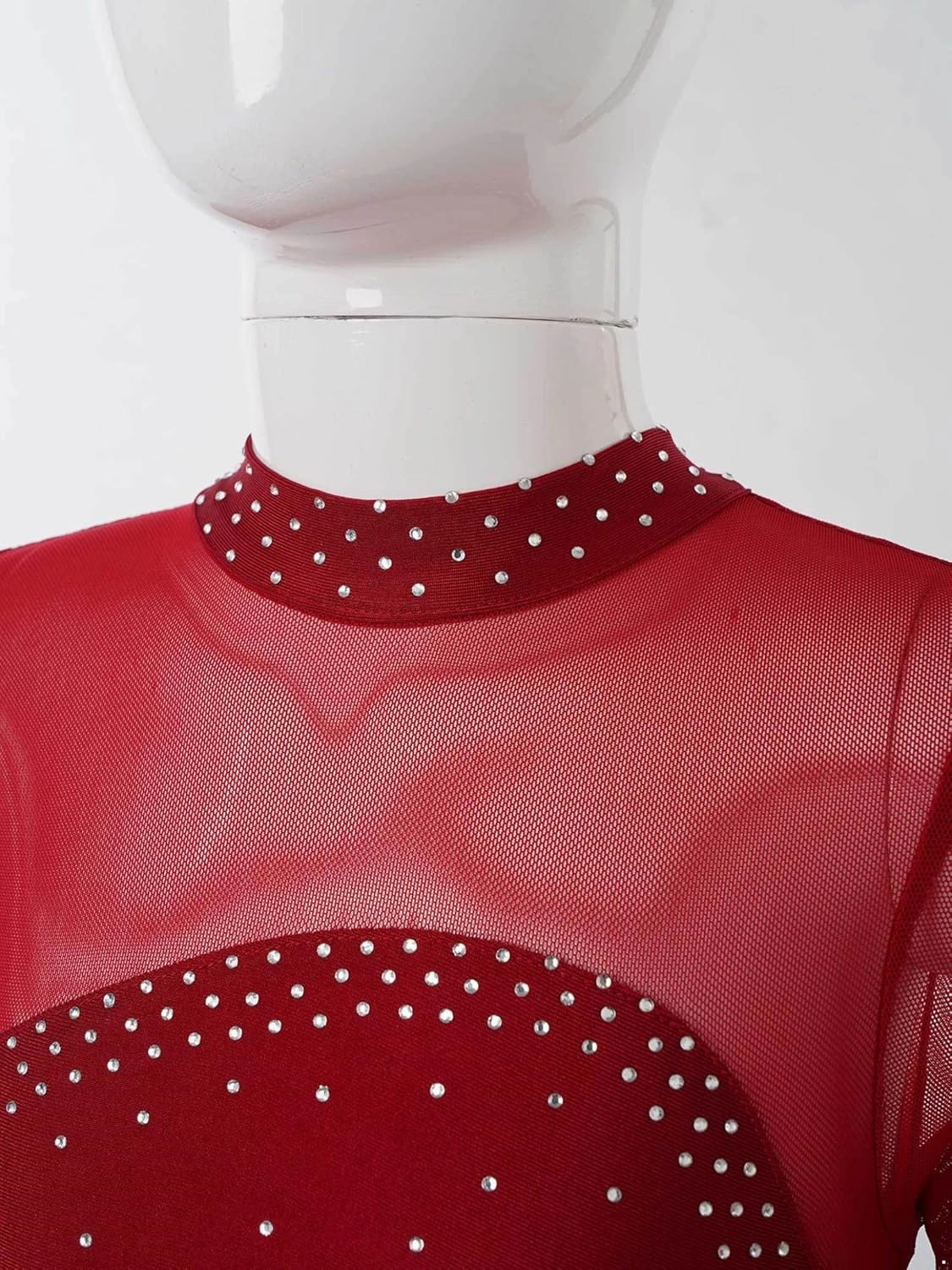 Kids Girls Figure Ice Skating Dress Rhinestone Long Sleeve Sheer Mesh Keyhole Back Dance Leotard Dress