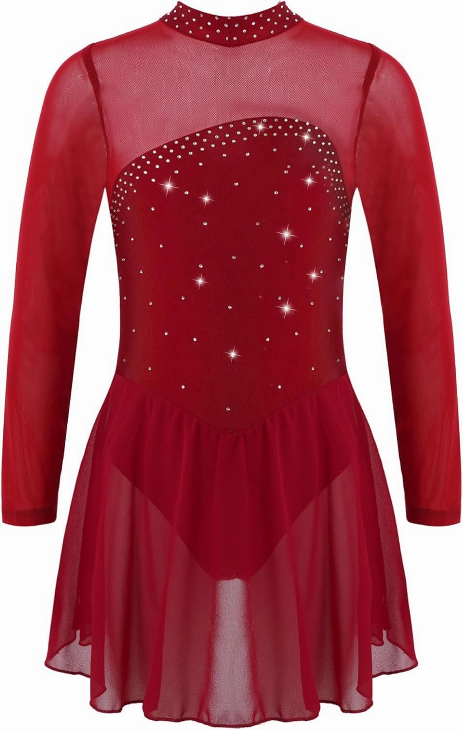 Kids Girls Figure Ice Skating Dress Rhinestone Long Sleeve Sheer Mesh Keyhole Back Dance Leotard Dress