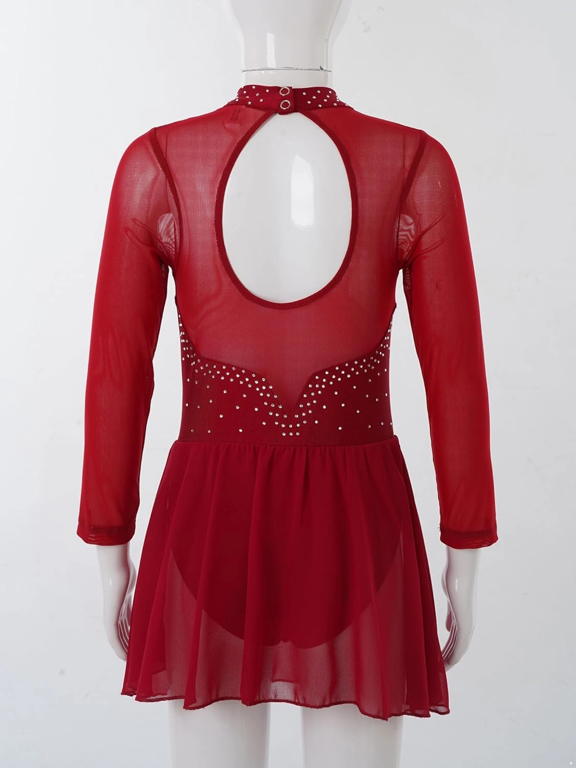 Kids Girls Figure Ice Skating Dress Rhinestone Long Sleeve Sheer Mesh Keyhole Back Dance Leotard Dress