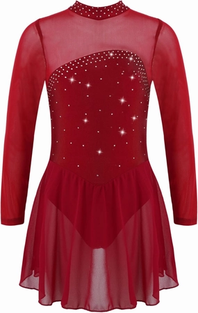 Kids Girls Figure Ice Skating Dress Rhinestone Long Sleeve Sheer Mesh Keyhole Back Dance Leotard Dress