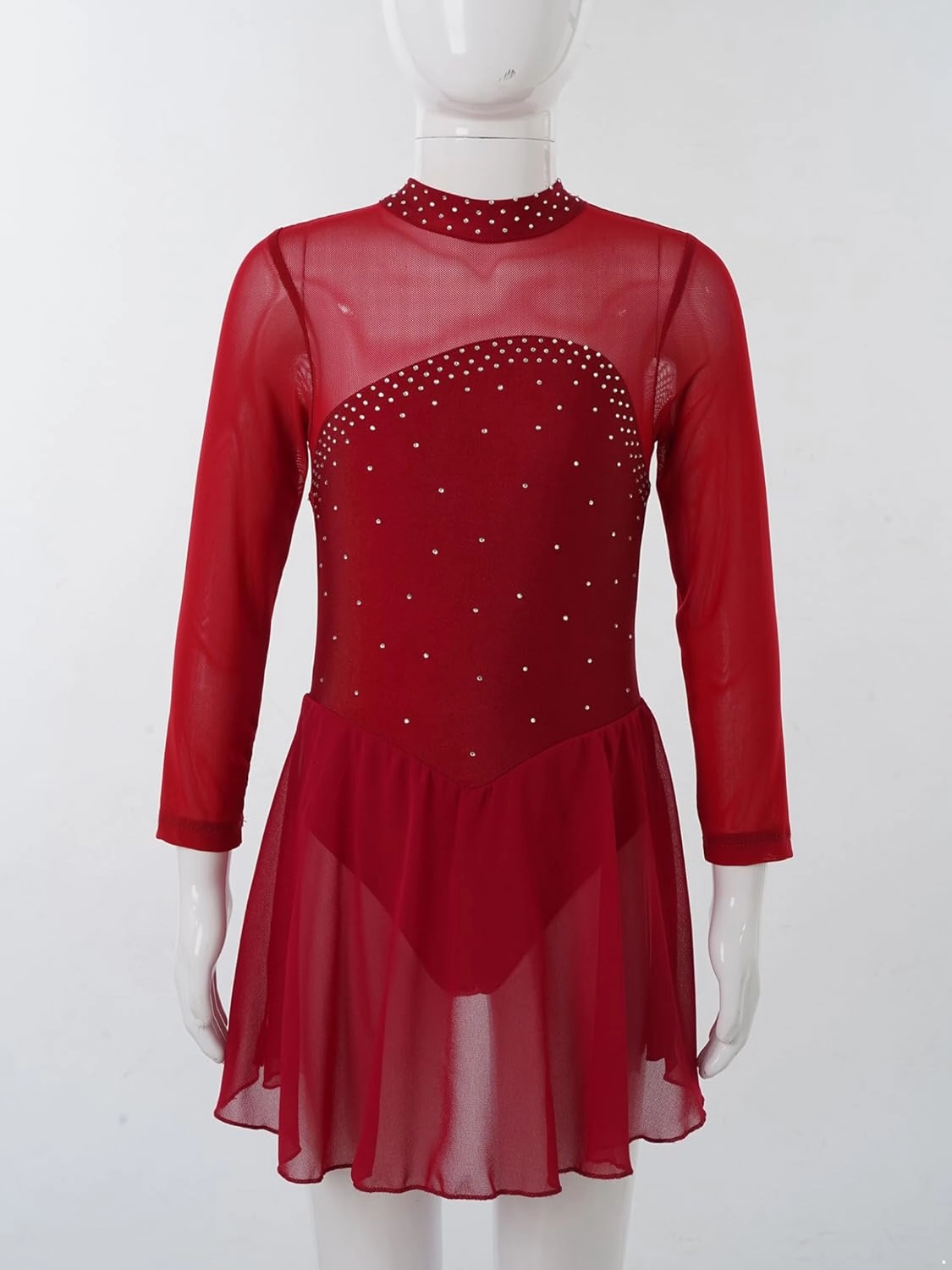 Kids Girls Figure Ice Skating Dress Rhinestone Long Sleeve Sheer Mesh Keyhole Back Dance Leotard Dress