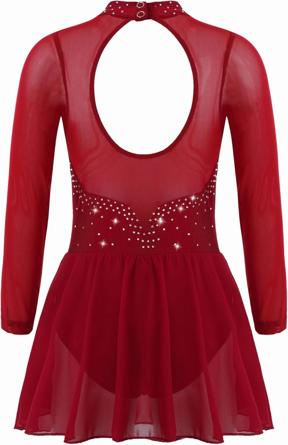 Kids Girls Figure Ice Skating Dress Rhinestone Long Sleeve Sheer Mesh Keyhole Back Dance Leotard Dress