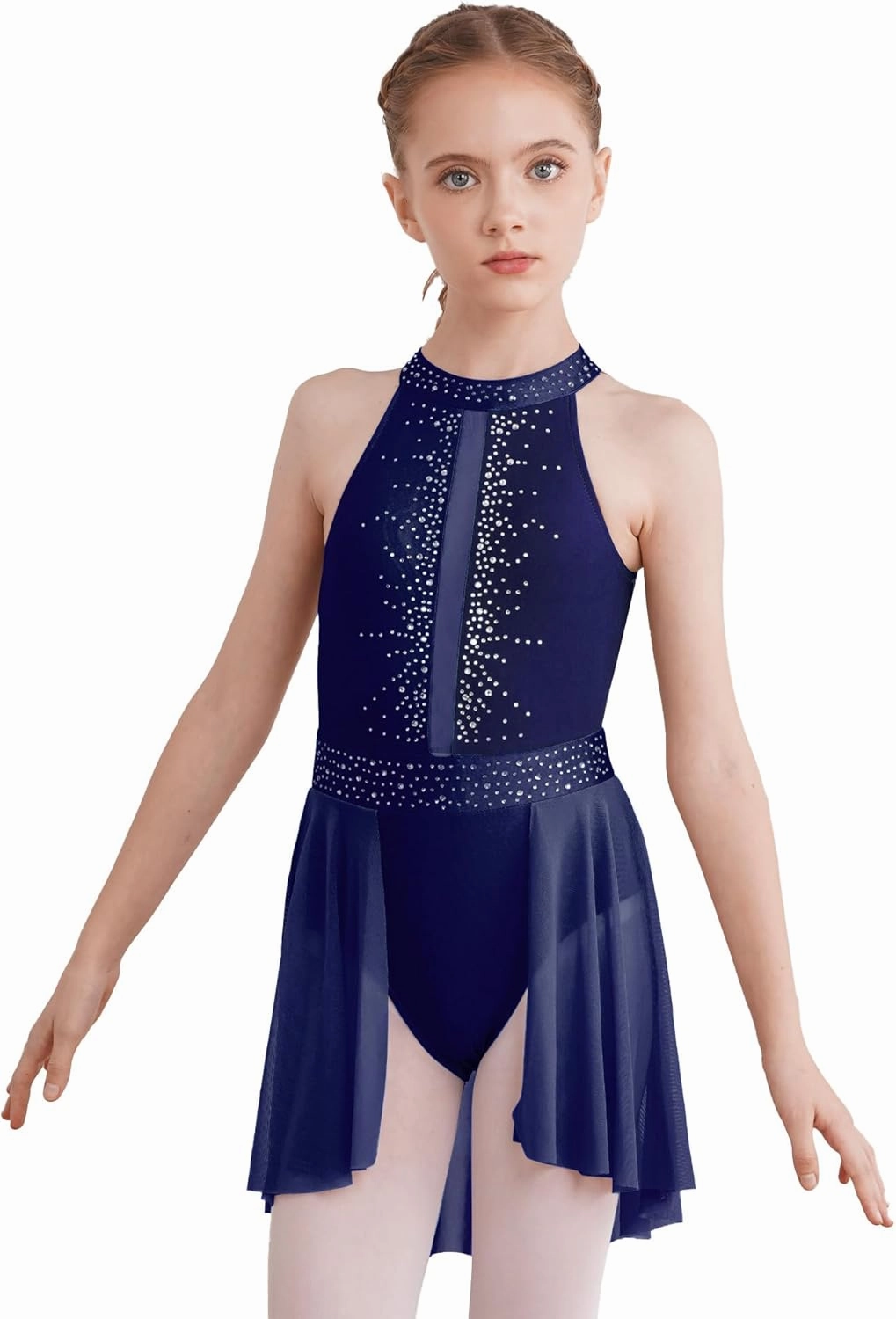 Kids Girls Rhinestone Lyrical Dance Dress Figure Ice Skating Dress Gymnastic Leotard Competition Costume