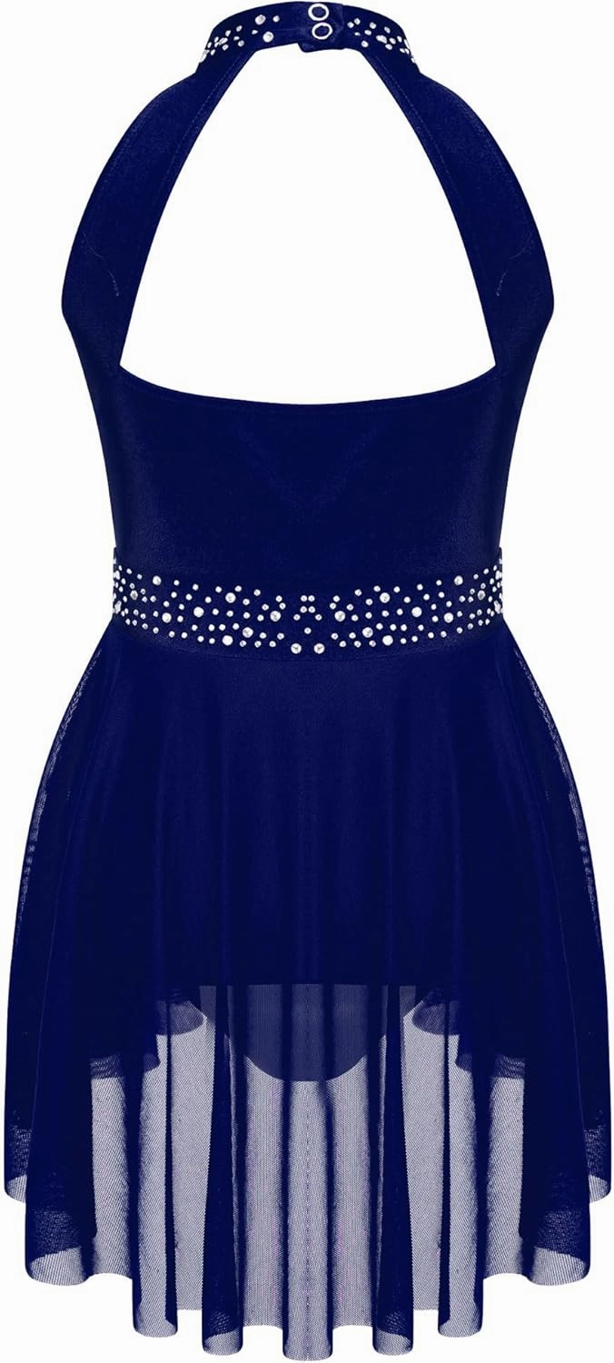 Kids Girls Rhinestone Lyrical Dance Dress Figure Ice Skating Dress Gymnastic Leotard Competition Costume