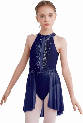 Kids Girls Rhinestone Lyrical Dance Dress Figure Ice Skating Dress Gymnastic Leotard Competition Costume