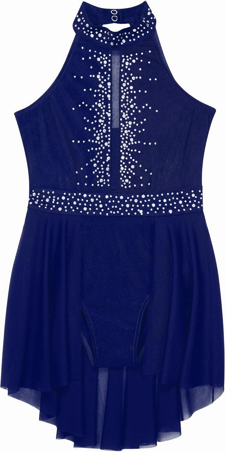 Kids Girls Rhinestone Lyrical Dance Dress Figure Ice Skating Dress Gymnastic Leotard Competition Costume