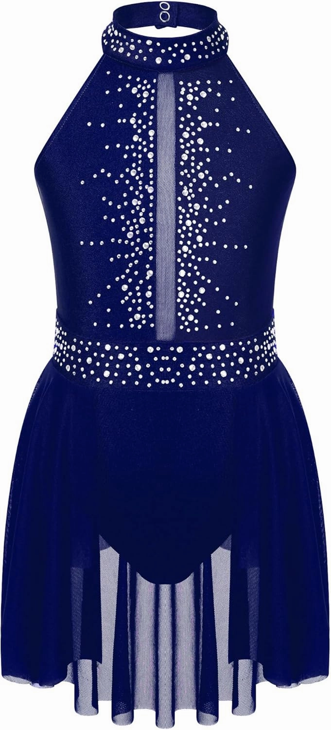 Kids Girls Rhinestone Lyrical Dance Dress Figure Ice Skating Dress Gymnastic Leotard Competition Costume