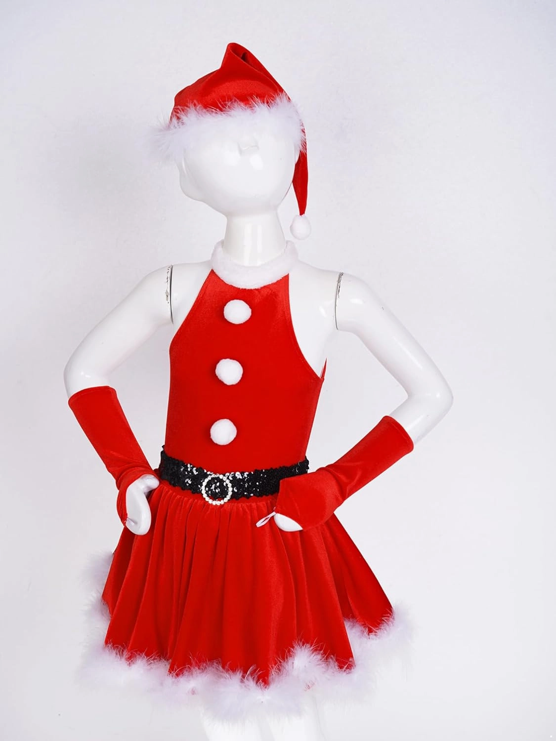 Kids Girls Sequins Figure Ice Skating Dance Tutu Dress Feather Santa Christmas Outfits with Hat Arm Sleeves