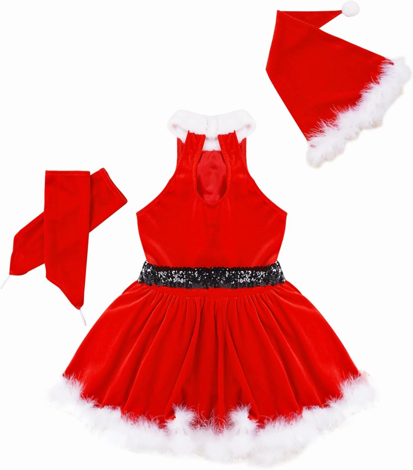 Kids Girls Sequins Figure Ice Skating Dance Tutu Dress Feather Santa Christmas Outfits with Hat Arm Sleeves