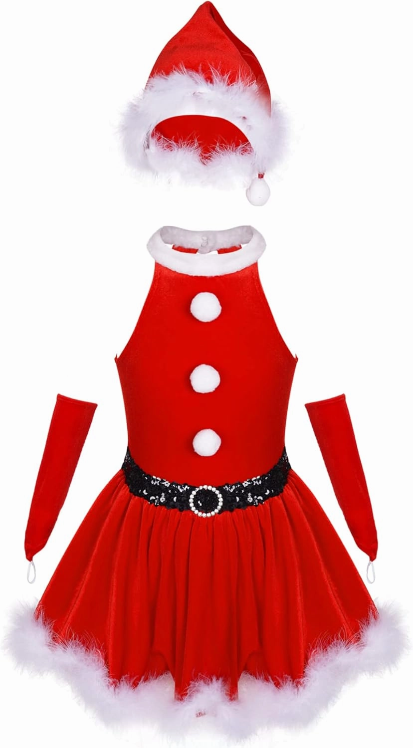 Kids Girls Sequins Figure Ice Skating Dance Tutu Dress Feather Santa Christmas Outfits with Hat Arm Sleeves