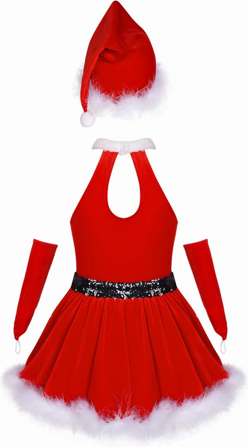 Kids Girls Sequins Figure Ice Skating Dance Tutu Dress Feather Santa Christmas Outfits with Hat Arm Sleeves