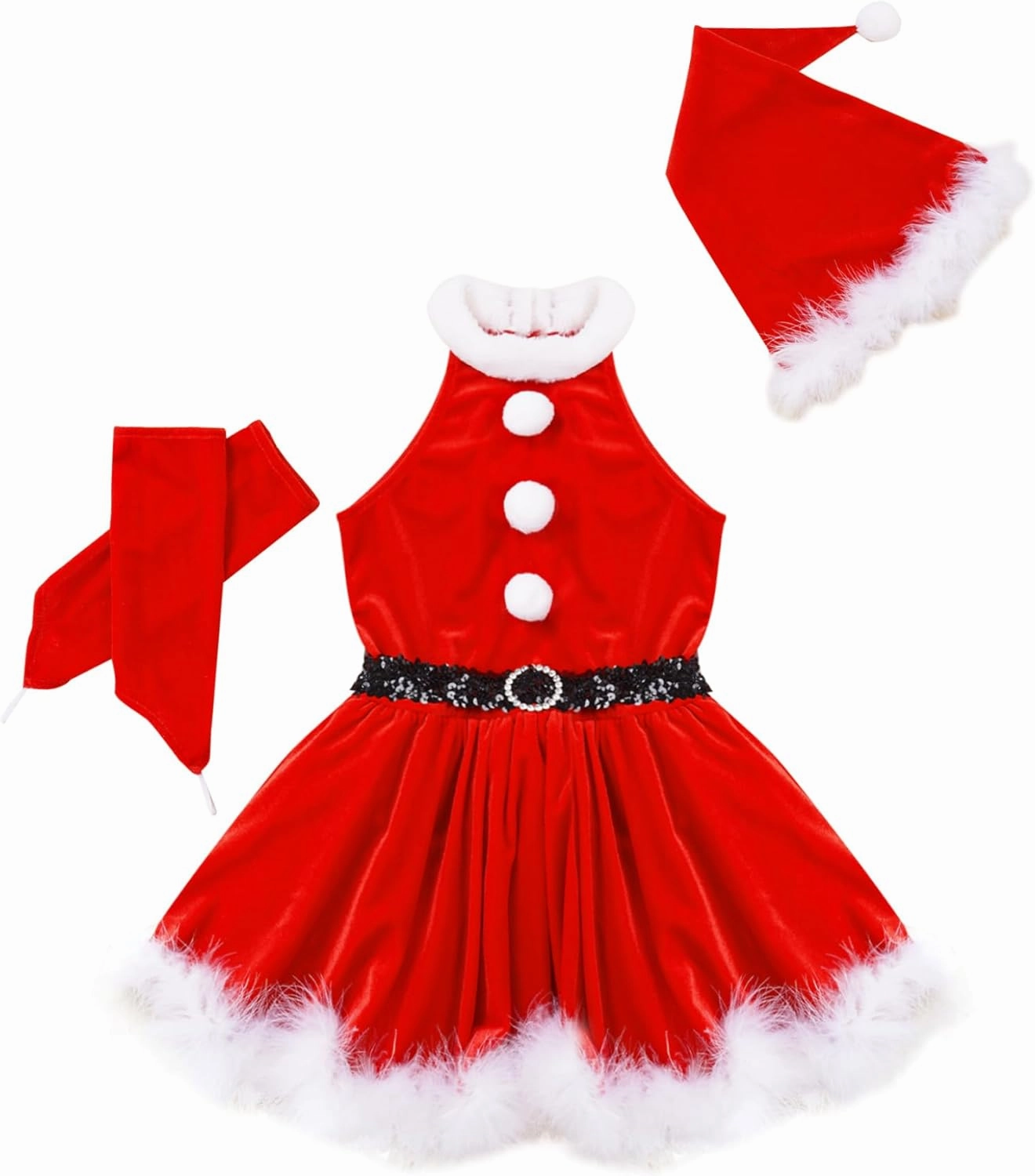 Kids Girls Sequins Figure Ice Skating Dance Tutu Dress Feather Santa Christmas Outfits with Hat Arm Sleeves