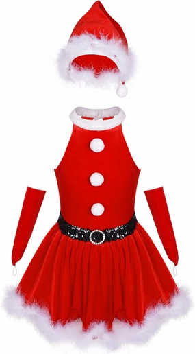 Kids Girls Sequins Figure Ice Skating Dance Tutu Dress Feather Santa Christmas Outfits with Hat Arm Sleeves