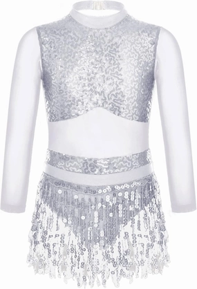 Kids Girls Sequins Tassel Ballet Latin Dance Dress Long Sleeve Hollow Back Jazz Salsa Rumba Samba Belly Dance Costume