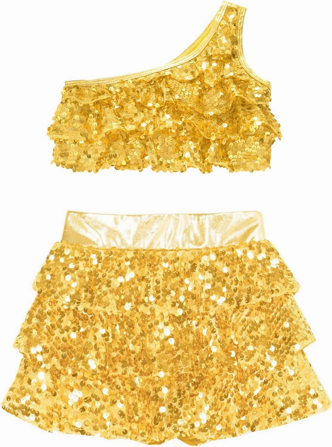 Kids Girls Sequins Tiered Ruffle Crop Top with Skirted Shorts Set Latin Salsa Samba Rumba Dance Costume