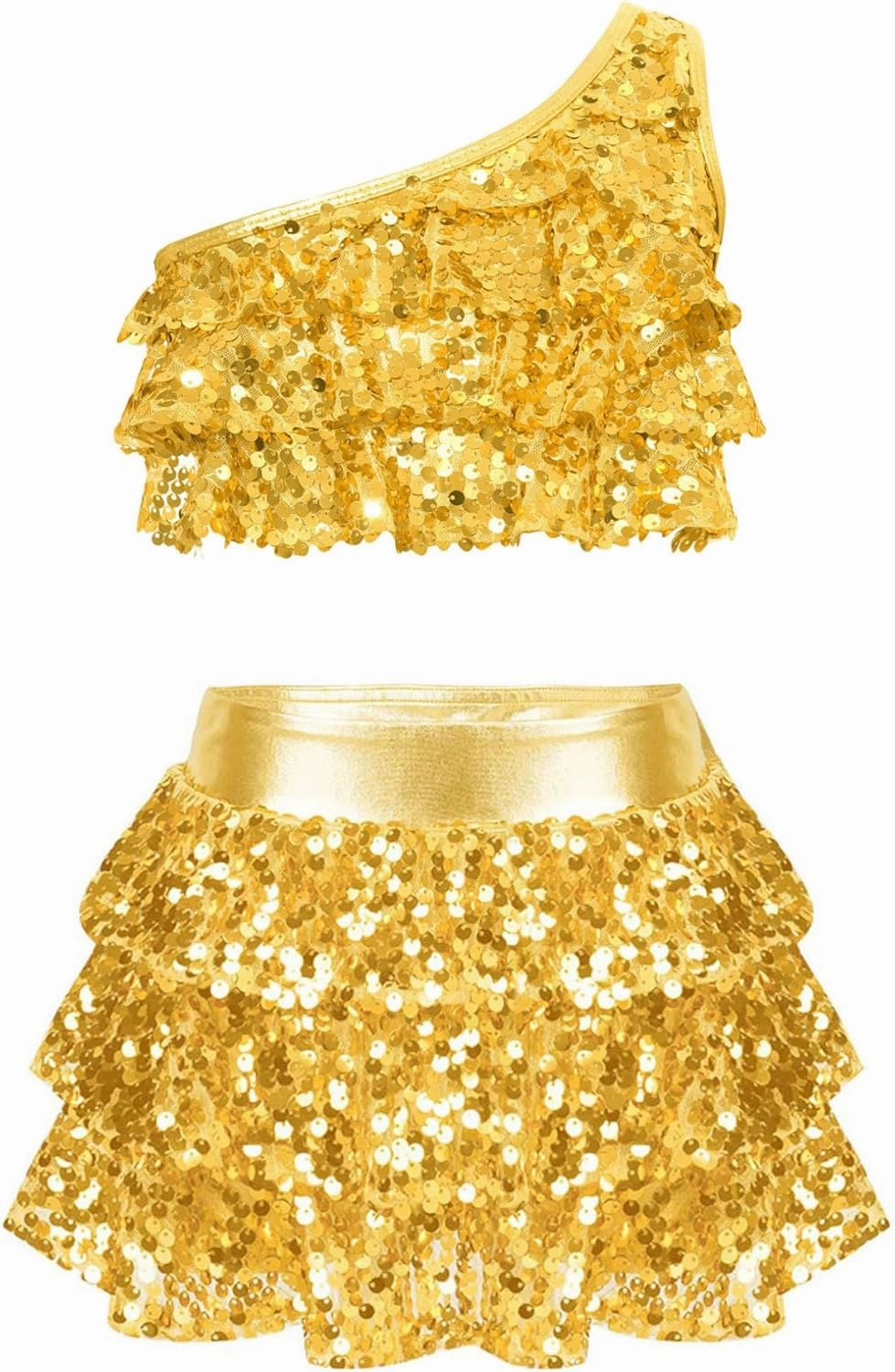 Kids Girls Sequins Tiered Ruffle Crop Top with Skirted Shorts Set Latin Salsa Samba Rumba Dance Costume