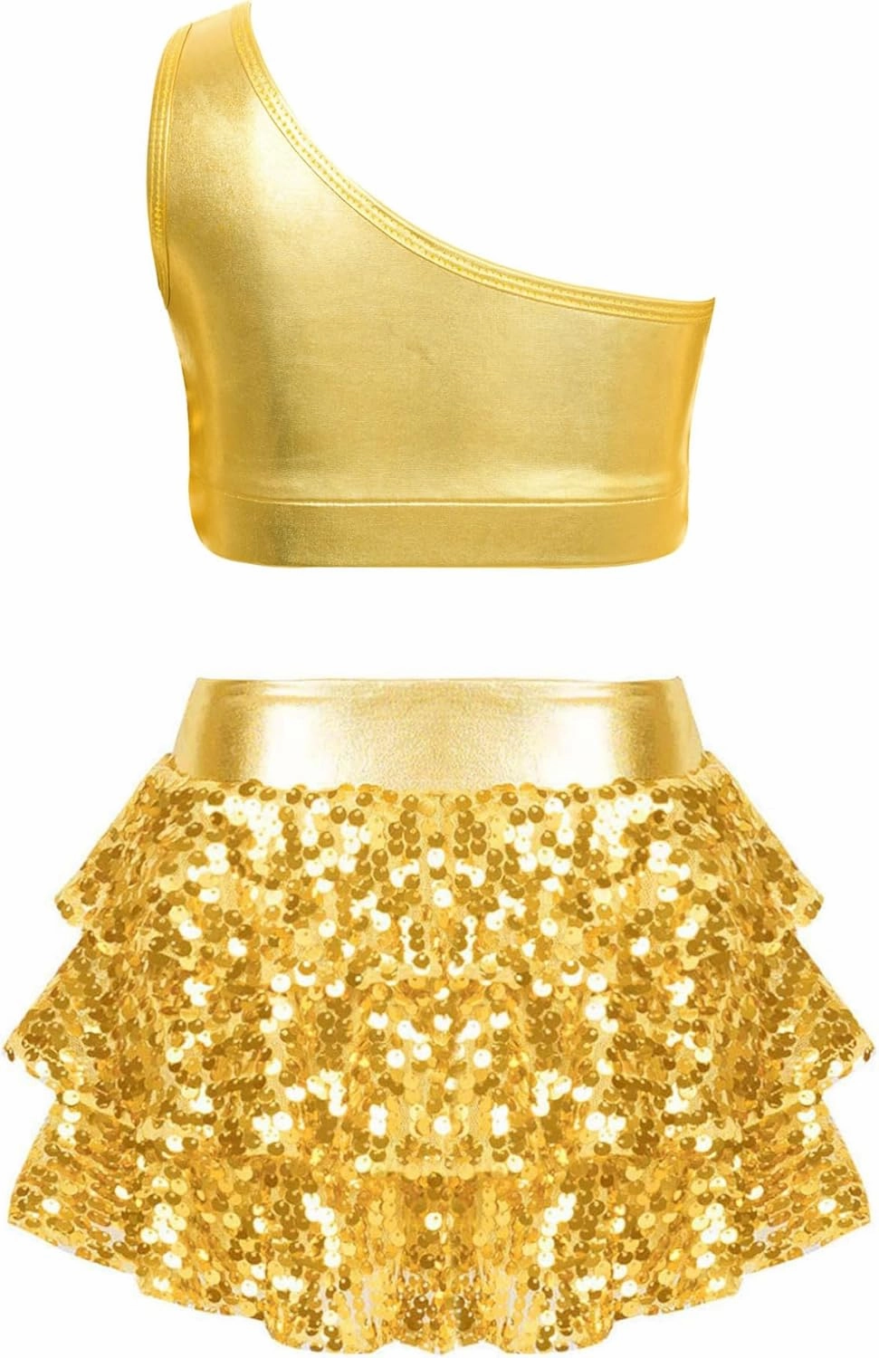 Kids Girls Sequins Tiered Ruffle Crop Top with Skirted Shorts Set Latin Salsa Samba Rumba Dance Costume
