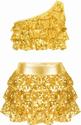 Kids Girls Sequins Tiered Ruffle Crop Top with Skirted Shorts Set Latin Salsa Samba Rumba Dance Costume