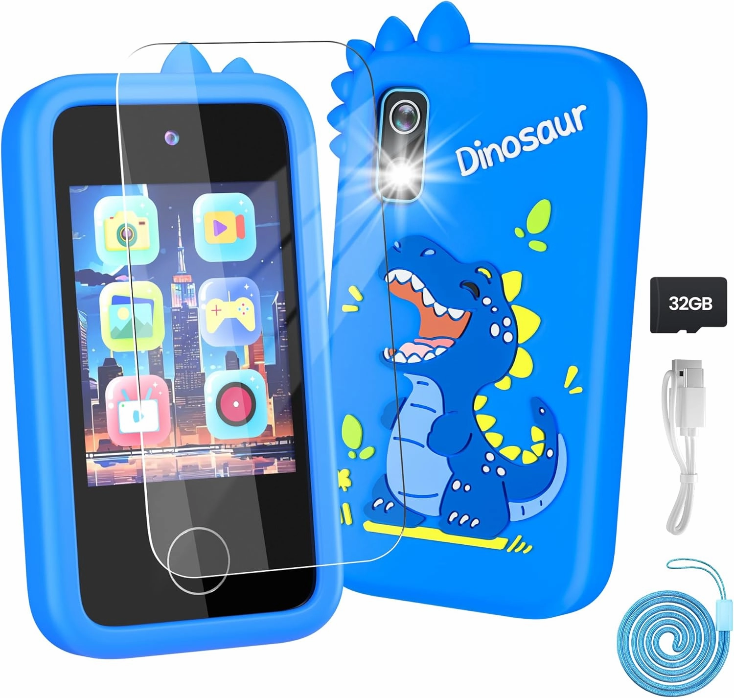 Kids Phone with Camera for Boys with Touchscreen, 32G Card Christmas Birthday Gifts for Age 3-8 Kids Dual Camera, Music Player (Blue Dinosaur)
