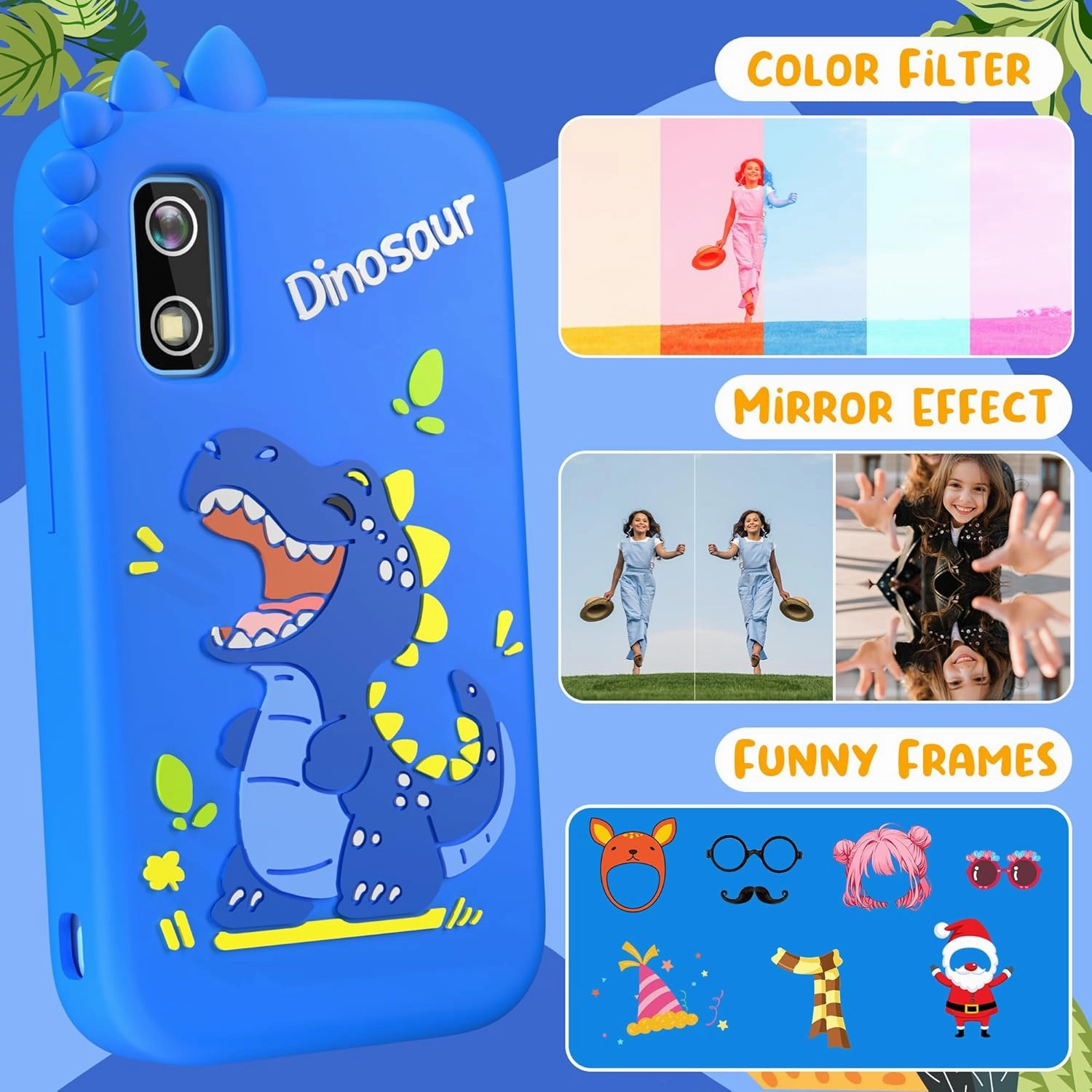 Kids Phone with Camera for Boys with Touchscreen, 32G Card Christmas Birthday Gifts for Age 3-8 Kids Dual Camera, Music Player (Blue Dinosaur)