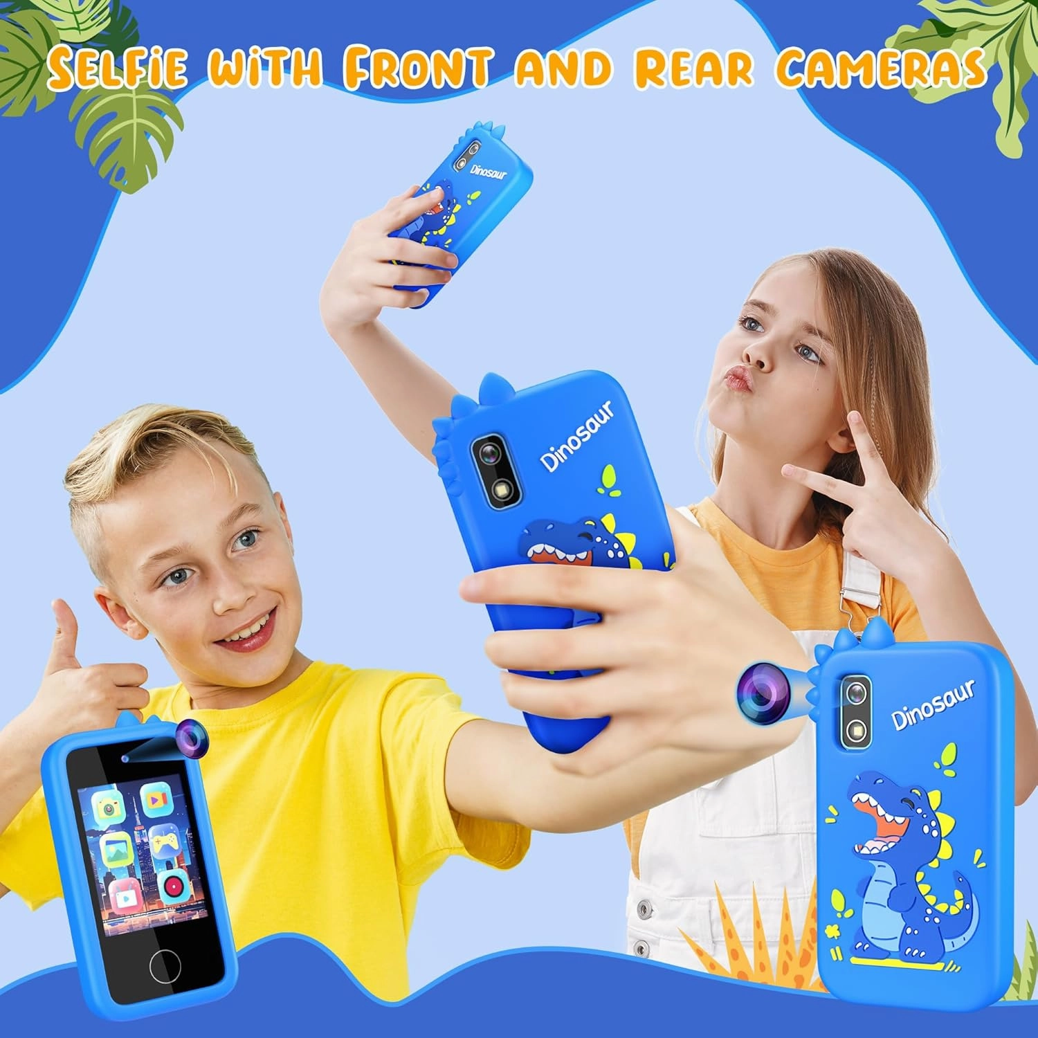 Kids Phone with Camera for Boys with Touchscreen, 32G Card Christmas Birthday Gifts for Age 3-8 Kids Dual Camera, Music Player (Blue Dinosaur)