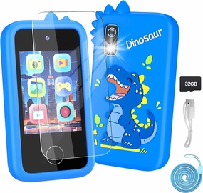 Kids Phone with Camera for Boys with Touchscreen, 32G Card Christmas Birthday Gifts for Age 3-8 Kids Dual Camera, Music Player (Blue Dinosaur)