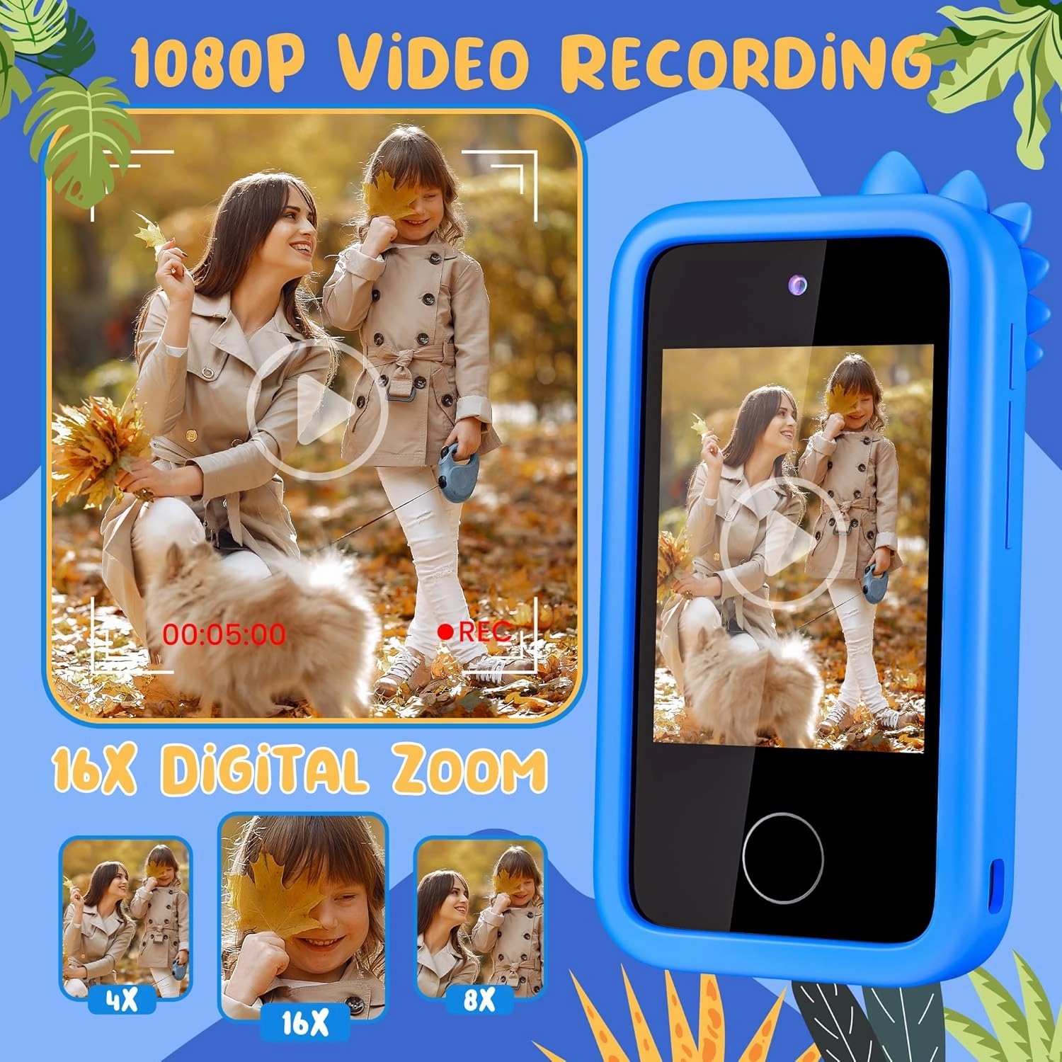 Kids Phone with Camera for Boys with Touchscreen, 32G Card Christmas Birthday Gifts for Age 3-8 Kids Dual Camera, Music Player (Blue Dinosaur)