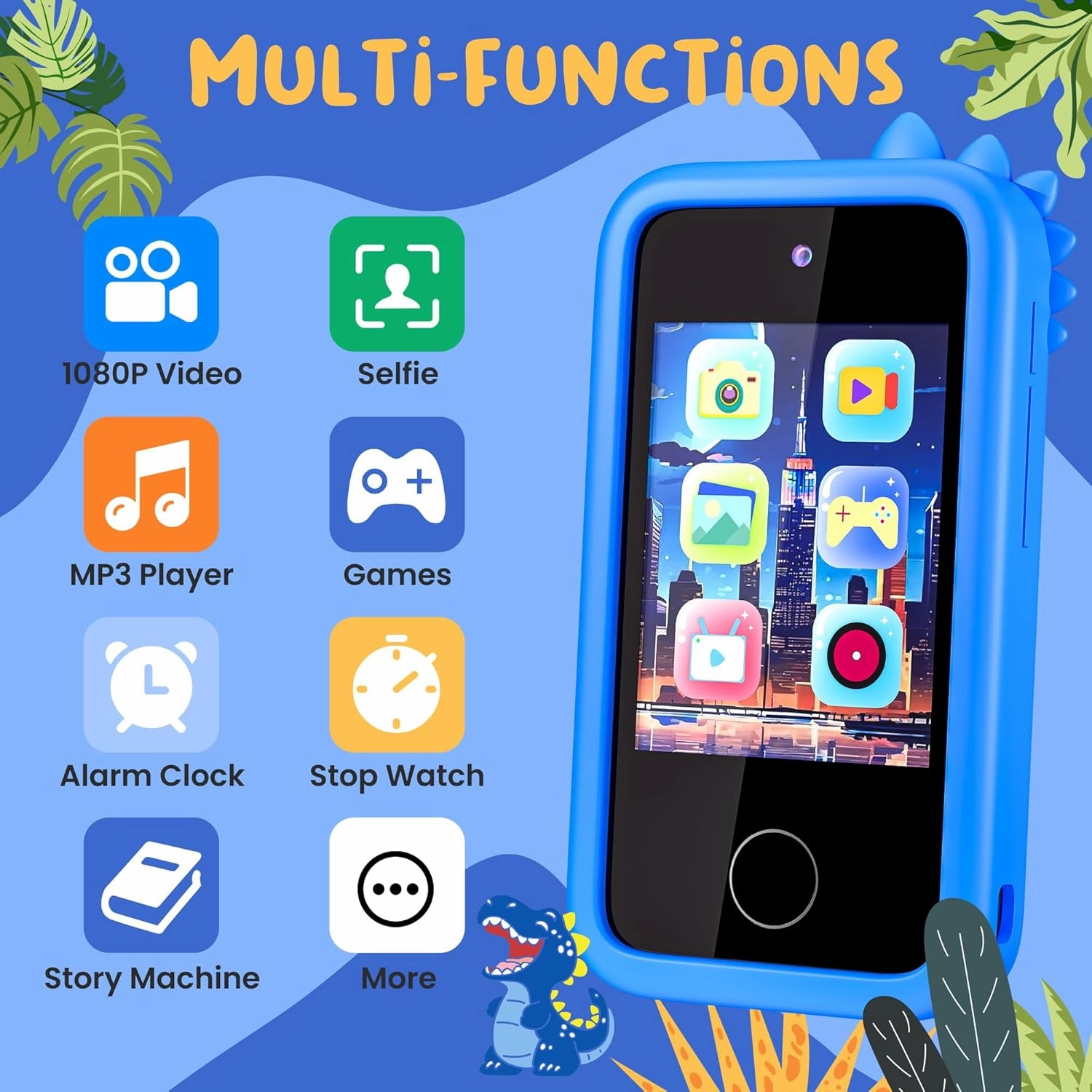Kids Phone with Camera for Boys with Touchscreen, 32G Card Christmas Birthday Gifts for Age 3-8 Kids Dual Camera, Music Player (Blue Dinosaur)
