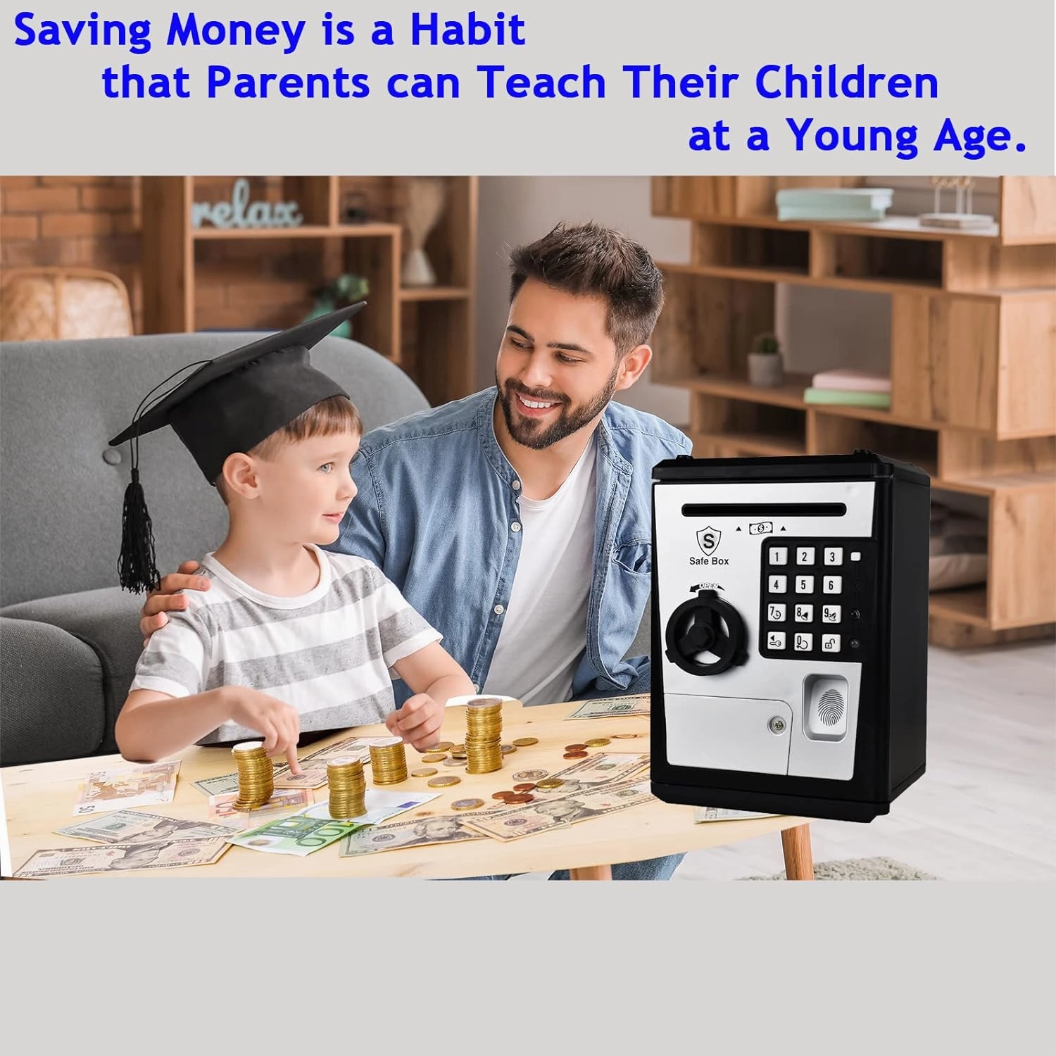 Kids Safe Bank with Fingerprint Password Talking ATM Piggy Bank for Real Money Toy Gift for 5-14 Years Old Boys Girls (Silver/Black)