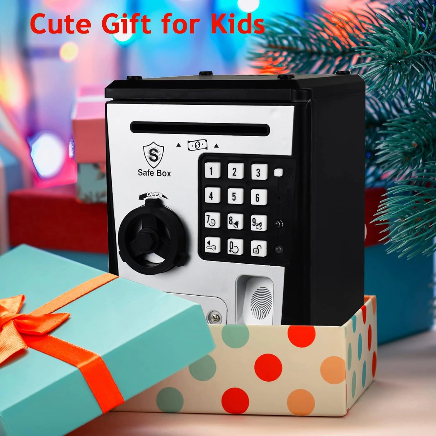 Kids Safe Bank with Fingerprint Password Talking ATM Piggy Bank for Real Money Toy Gift for 5-14 Years Old Boys Girls (Silver/Black)