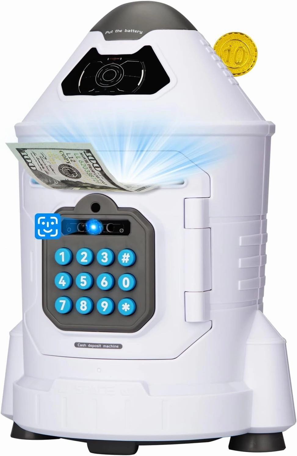 Kids Safe, Electronic Piggy Bank for Boys Girls, ATM Money Saving Box Toy 2024 with Password & Face ID Simulation, Christmas Birthday Gifts for 4 5 6 7 8 9 10 Year Old, Rocket Space Coin Cash Can