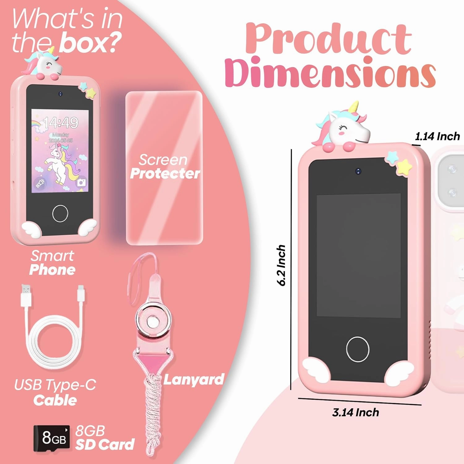 Kids Smart Phone Toy for Boys & Girls (Ages 3-9) – 2.8" Touchscreen, Dual Camera, Music Player, 16 Learning Games, Educational Toy with 8GB SD Card (Pink)
