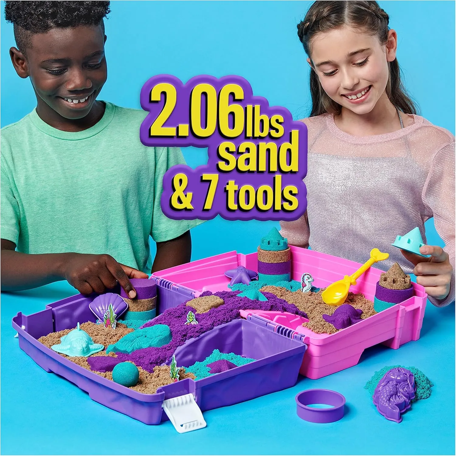 Kinetic Sand, Mermaid Palace Playset with 2.06lbs Play Sand (Neon Purple, Shimmer Teal & Beach), Tools & Folding Sandbox, Sensory Toys for Kids