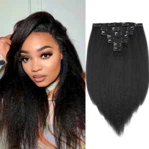 Kinky Straight Clip in Hair Extensions for Black Women Yaki Straight Clip Ins Full Head Synthetic Hair Natural Black Color 7Pcs with 16Clips(14 Inch, Kinky Straight 1B)
