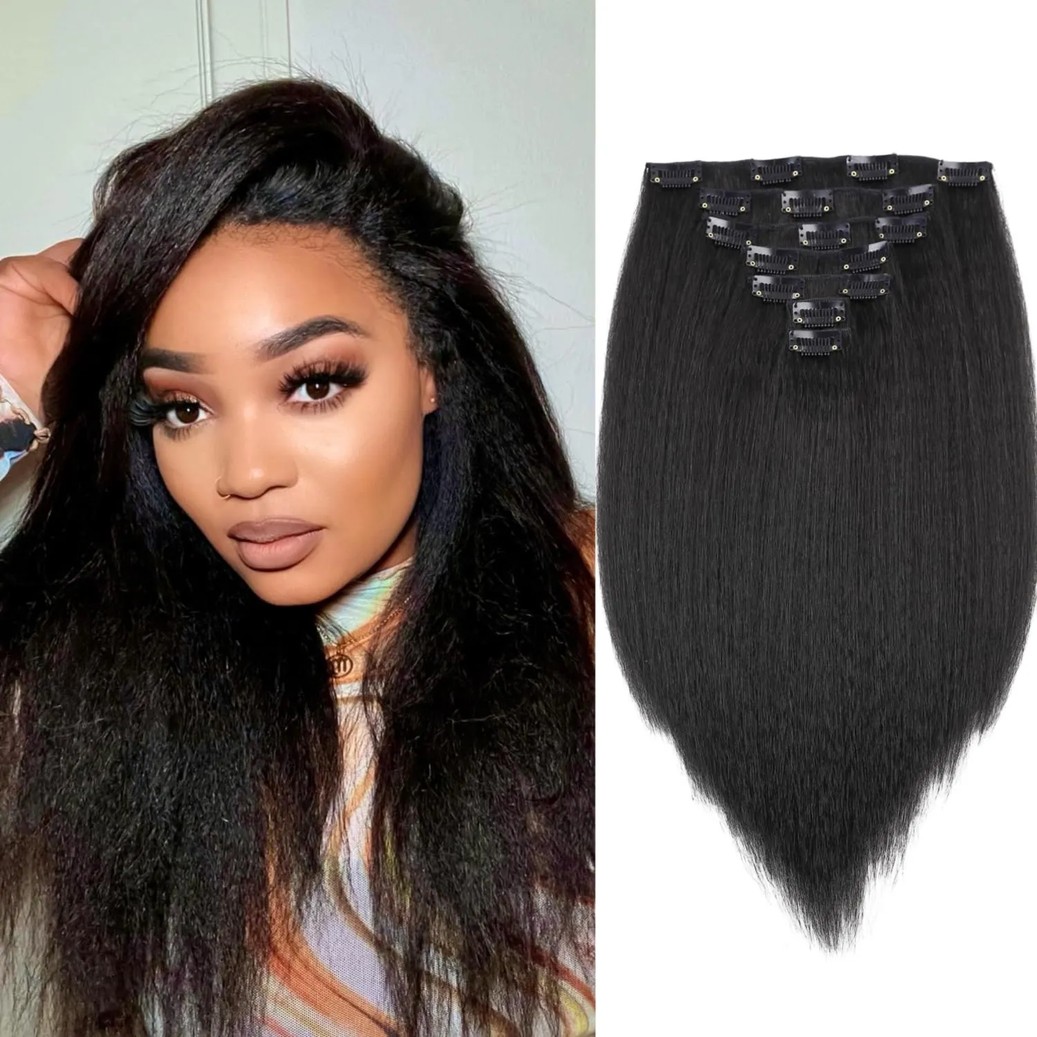 Kinky Straight Clip in Hair Extensions for Black Women Yaki Straight Clip Ins Full Head Synthetic Hair Natural Black Color 7Pcs with 16Clips(14 Inch, Kinky Straight 1B)