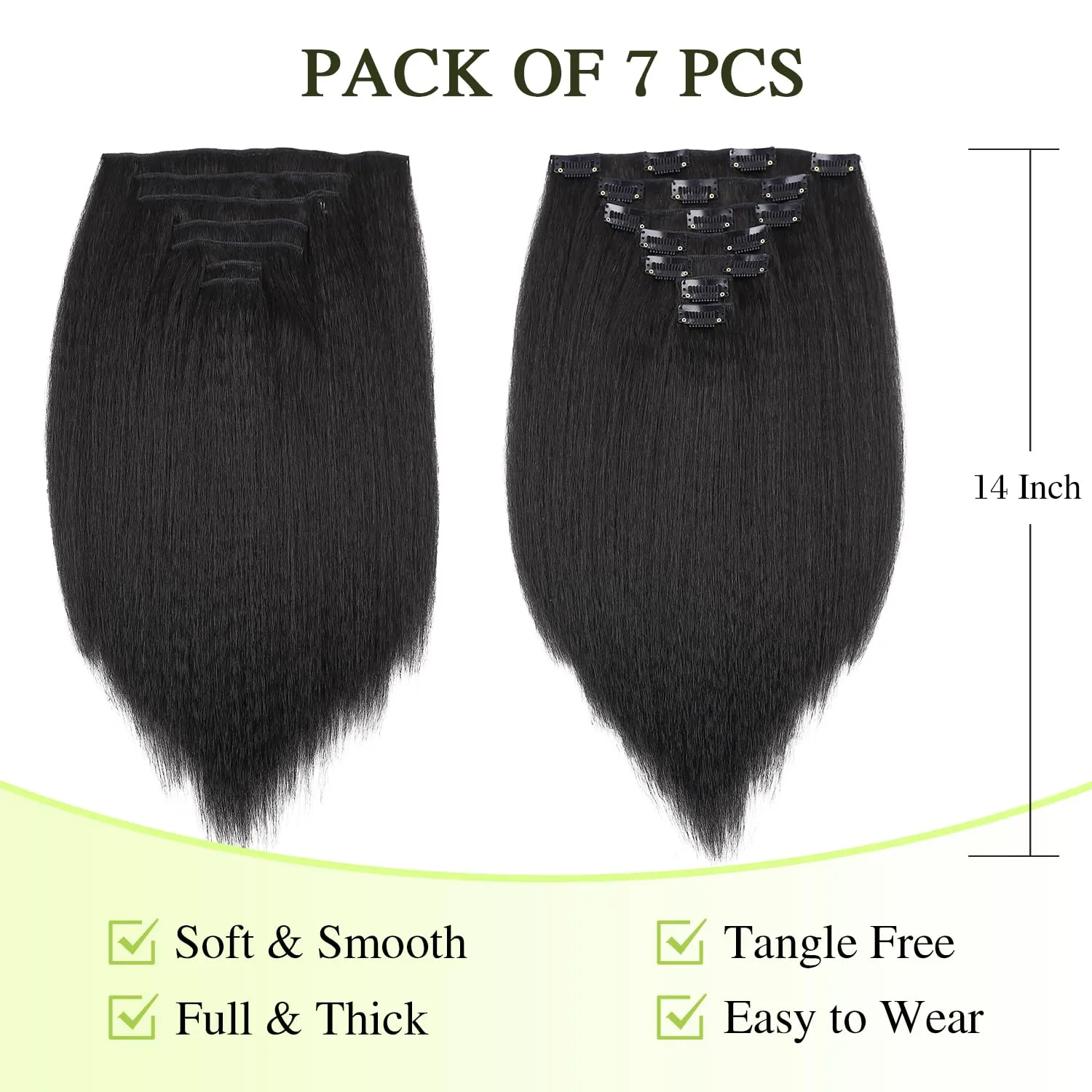 Kinky Straight Clip in Hair Extensions for Black Women Yaki Straight Clip Ins Full Head Synthetic Hair Natural Black Color 7Pcs with 16Clips(14 Inch, Kinky Straight 1B)