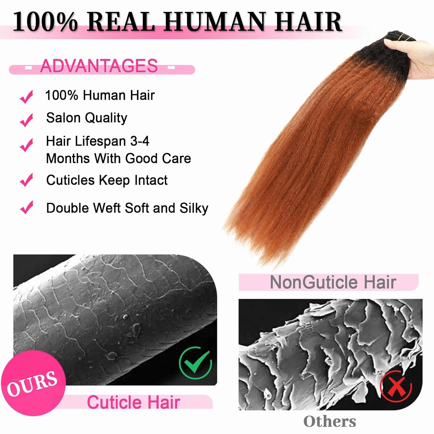 Kinky Straight Ombre Clip in Hair Extensions Real Human Hair Natural Black to Medium Auburn Kinky Straight Clip ins for Black Women Double Weft Hair Extensions 7Pcs 120g 14 Inch 1BT30