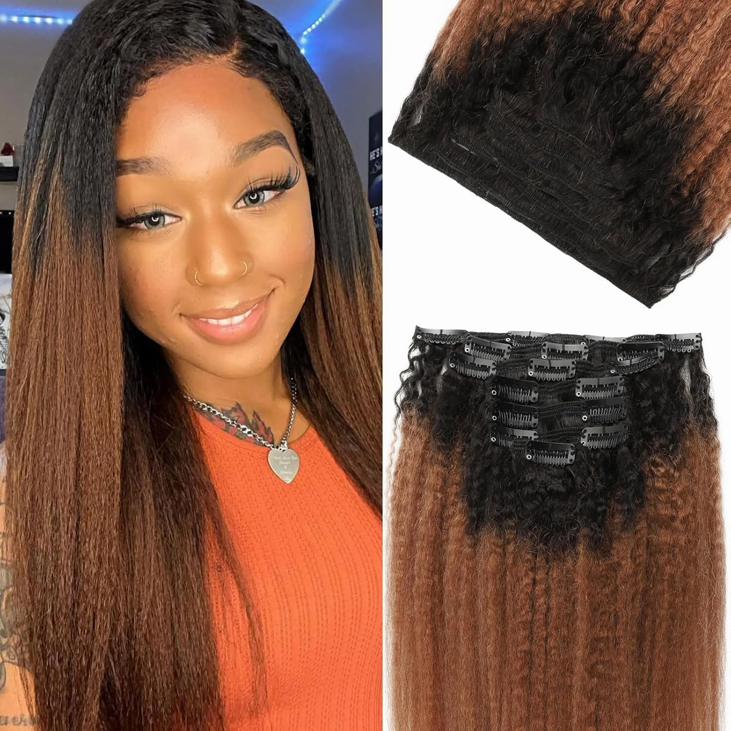 Kinky Straight Ombre Clip in Hair Extensions Real Human Hair Natural Black to Medium Auburn Kinky Straight Clip ins for Black Women Double Weft Hair Extensions 7Pcs 120g 14 Inch 1BT30