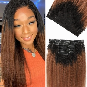 Kinky Straight Ombre Clip in Hair Extensions Real Human Hair Natural Black to Medium Auburn Kinky Straight Clip ins for Black Women Double Weft Hair Extensions 7Pcs 120g 14 Inch 1BT30