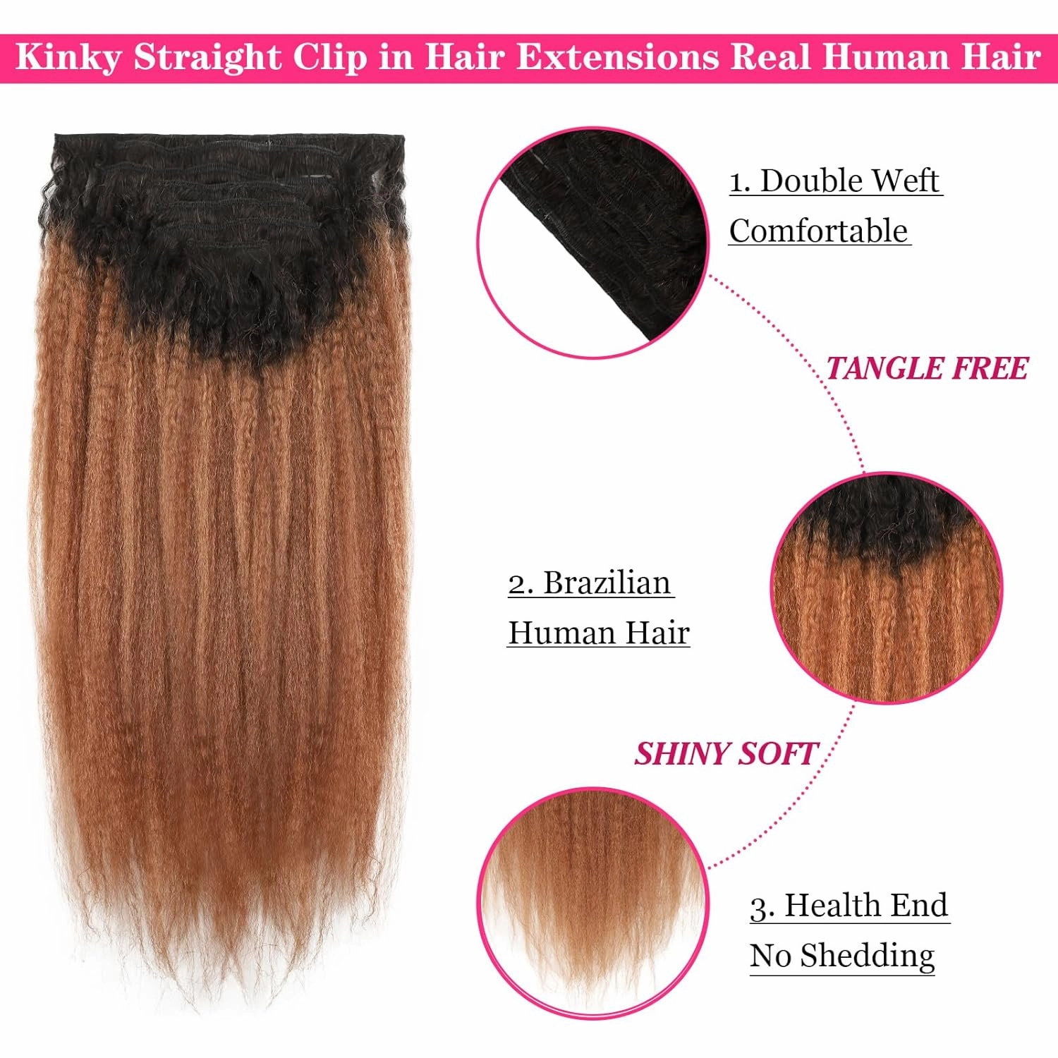 Kinky Straight Ombre Clip in Hair Extensions Real Human Hair Natural Black to Medium Auburn Kinky Straight Clip ins for Black Women Double Weft Hair Extensions 7Pcs 120g 14 Inch 1BT30