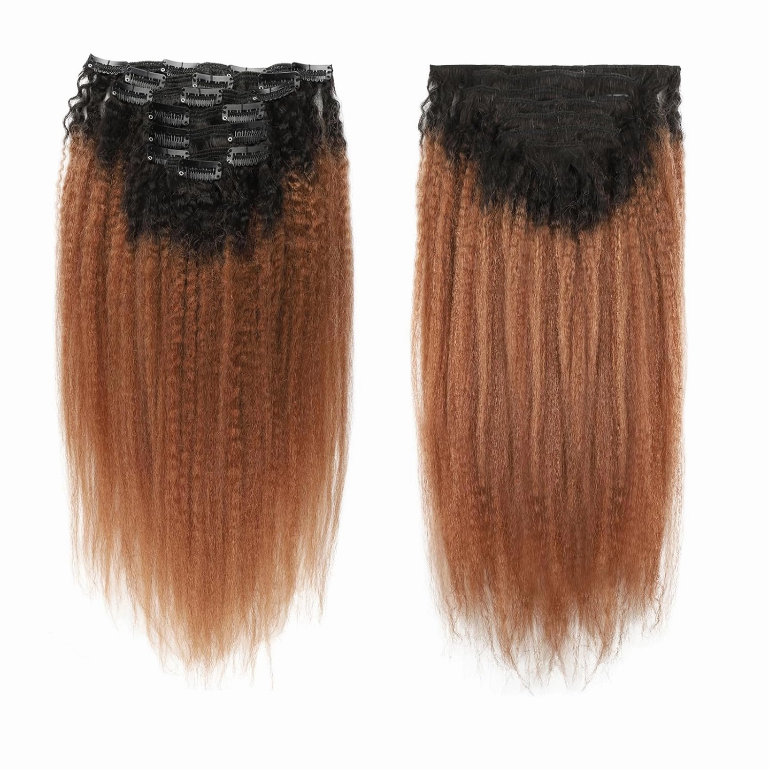 Kinky Straight Ombre Clip in Hair Extensions Real Human Hair Natural Black to Medium Auburn Kinky Straight Clip ins for Black Women Double Weft Hair Extensions 7Pcs 120g 14 Inch 1BT30