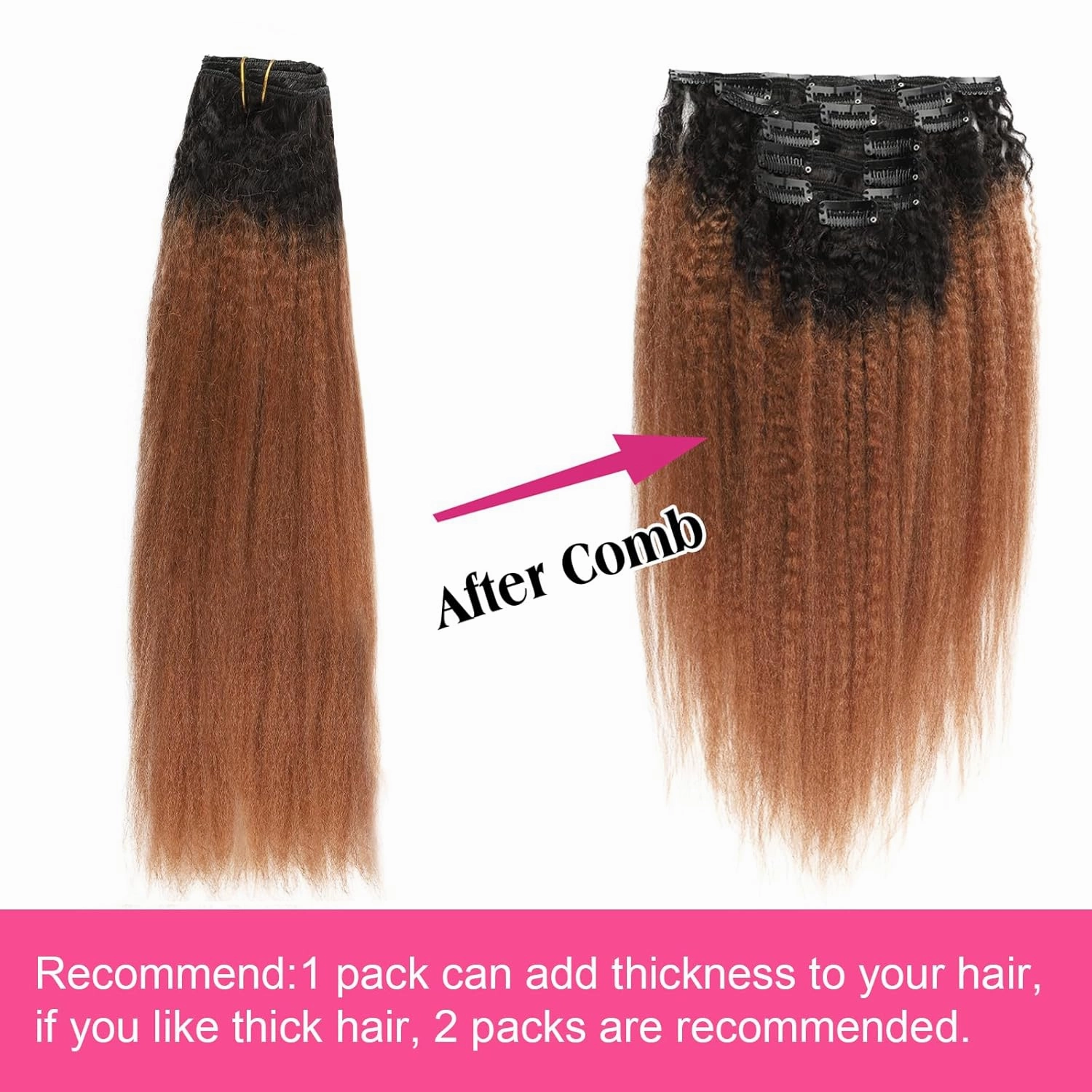 Kinky Straight Ombre Clip in Hair Extensions Real Human Hair Natural Black to Medium Auburn Kinky Straight Clip ins for Black Women Double Weft Hair Extensions 7Pcs 120g 14 Inch 1BT30