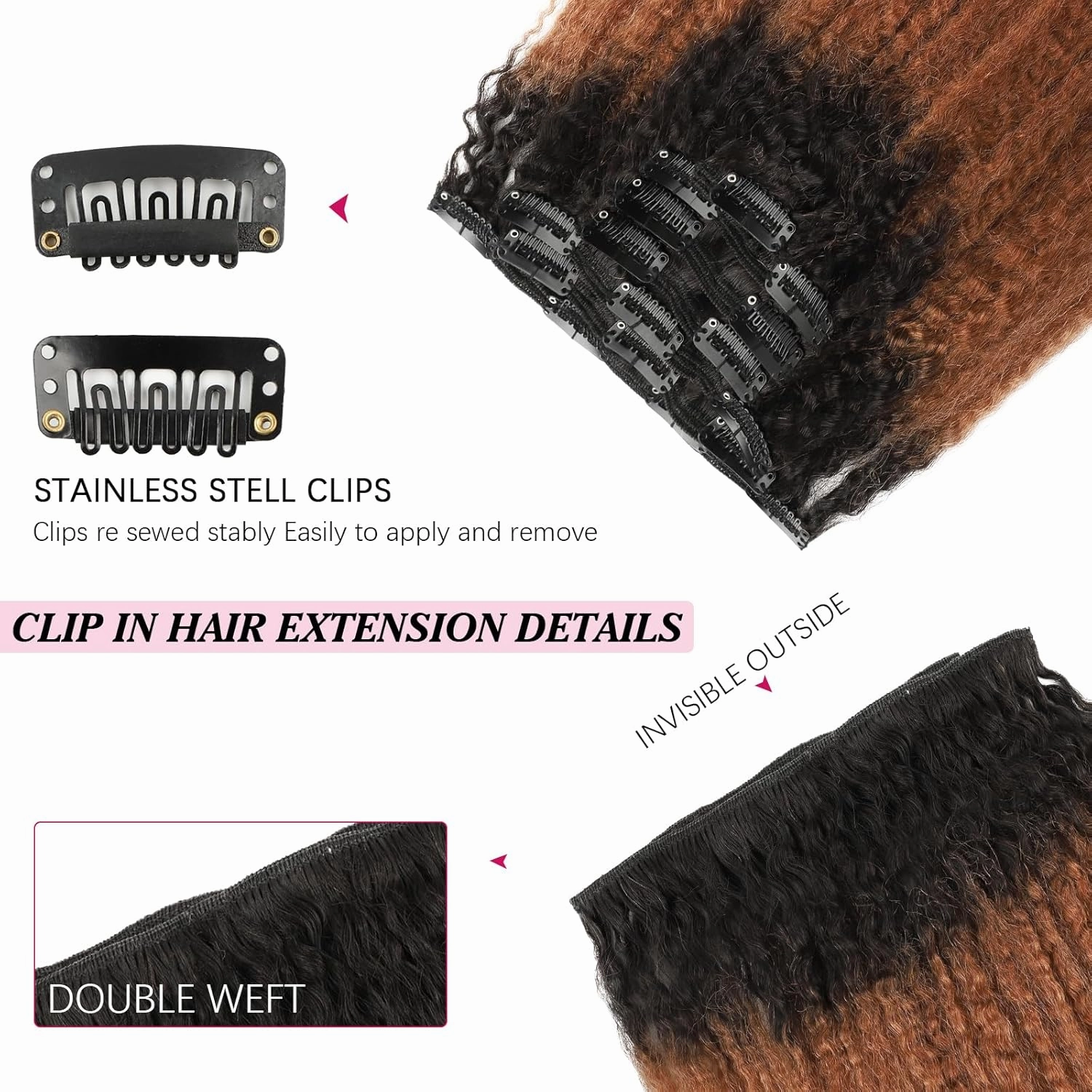 Kinky Straight Ombre Clip in Hair Extensions Real Human Hair Natural Black to Medium Auburn Kinky Straight Clip ins for Black Women Double Weft Hair Extensions 7Pcs 120g 14 Inch 1BT30